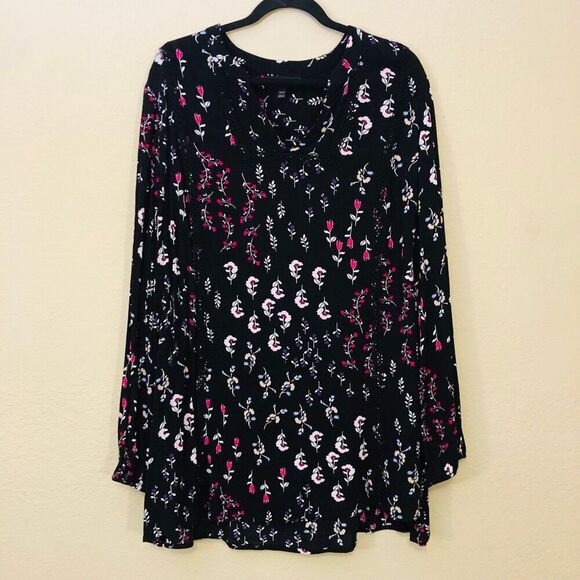 Lane Bryant Black Floral Print Tunic Top w/ Balloon Sleeves & Crochet Details - Picture 1 of 8